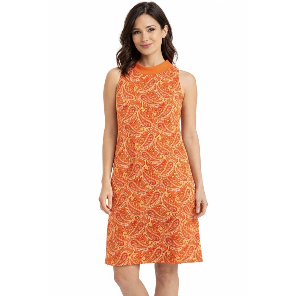 Talbots Shift Dress Petite Small PS 4 6 P Orange Yellow Paisley Stretch Cotton